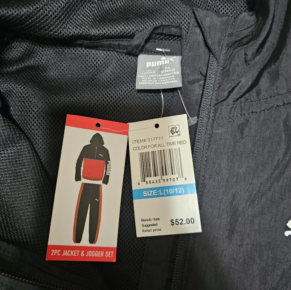 NWT PUMA Boys 2pc Tracksuit Jacket Joggers Black Red Set Size L 10/12 - Picture 3 of 15